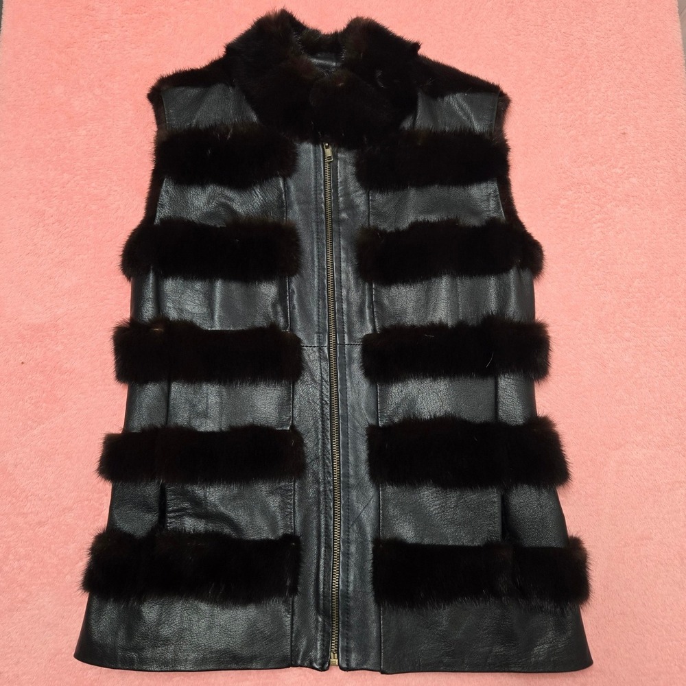 Black Fur Panel Zip Front Sleeveless Vest Women's Size S/M Material Unknown - Picture 2 of 15